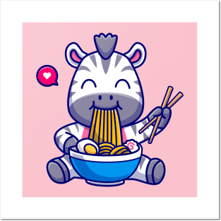 Cute Zebra Eating Ramen Bowl With Chopstick Cartoon Posters and Art